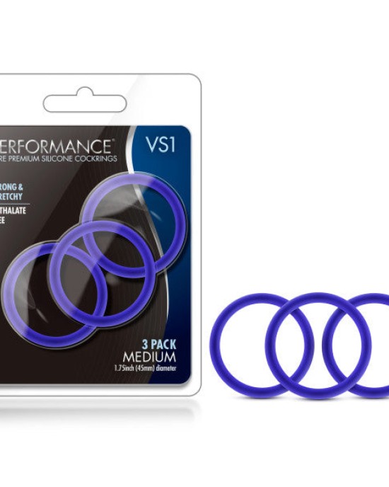 Performance VS1 Pure Premium Silicone Cockrings - Indigo Blue Medium Cock Rings - Set of 3