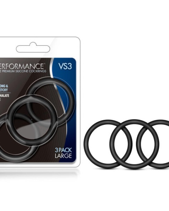 Performance VS3 Pure Premium Silicone Cockrings - Black Large Cock Rings - Set of 3