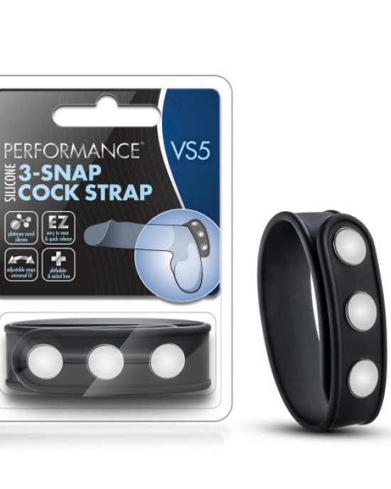 Performance VS5 Silicone 3-Snap Cock Strap - Black Adjustable Cock Ring