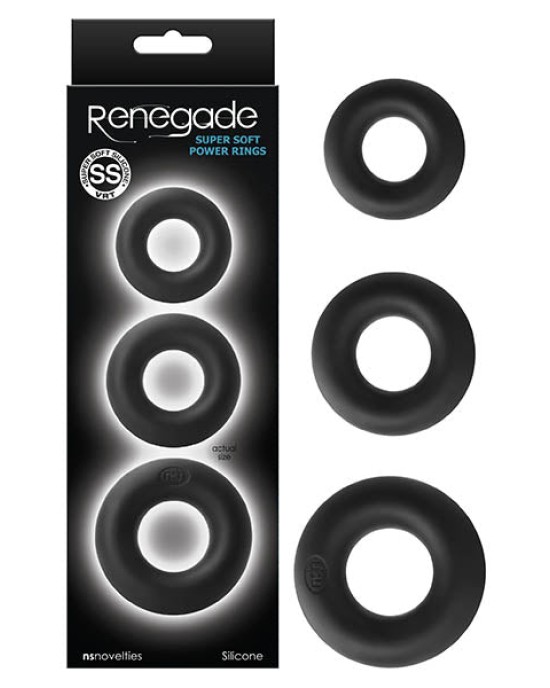 Renegade Super Soft Power Rings - Black Cock Rings - Set of 3 Sizes