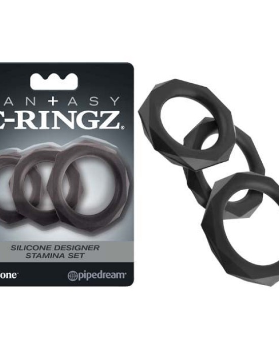 Fantasy C-Ringz Silicone Designer Stamina Set - Black Cock Rings - Set of 3 Sizes