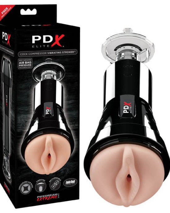 PDX Elite Cock Compressor Vibrating Stroker with Suction Base- Flesh