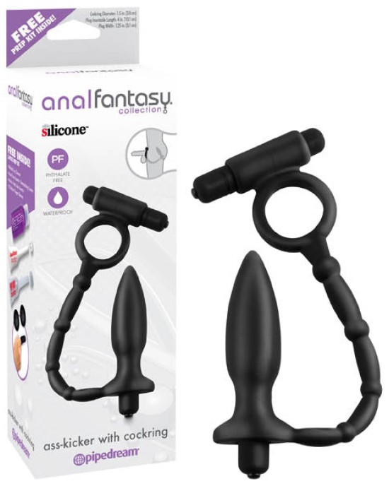 Anal Fantasy Collection Ass-Kicker With Cockring - Black 10.1 cm (4'') Vibrating Butt Plug with Vibrating Cock Ring