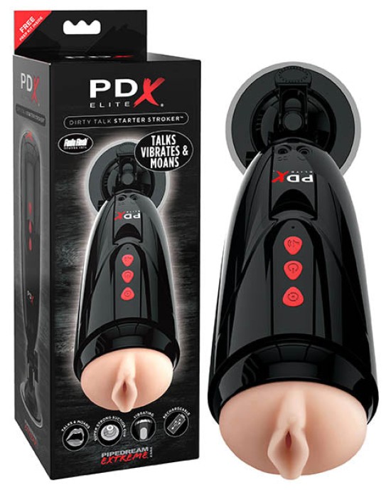 Pipedream Extreme Elite Toyz Dirty Talk Starter Stroker - Flesh Vibrating Vagina Masturbator with Suction Cup & Sound Effects