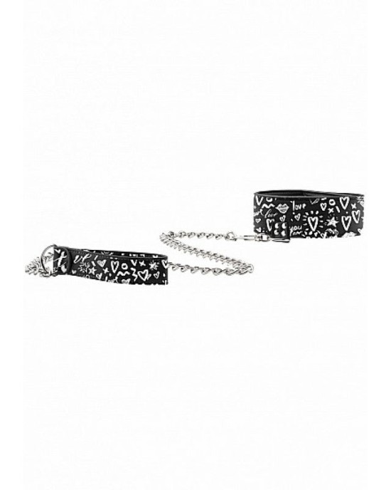 Ouch! Graffiti Collar with Leash - Black