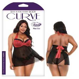 Curve Sophia Halter Babydoll & Panty - Black/Red - 3X/4X