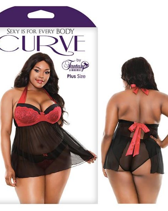 Curve Sophia Halter Babydoll & Panty - Black/Red - 3X/4X