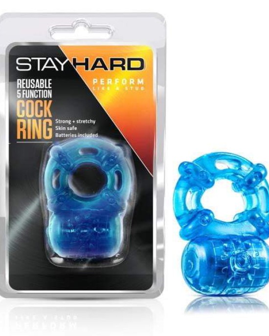 Stay Hard - Reusable 5 Function Vibrating Cock Ring  - Blue