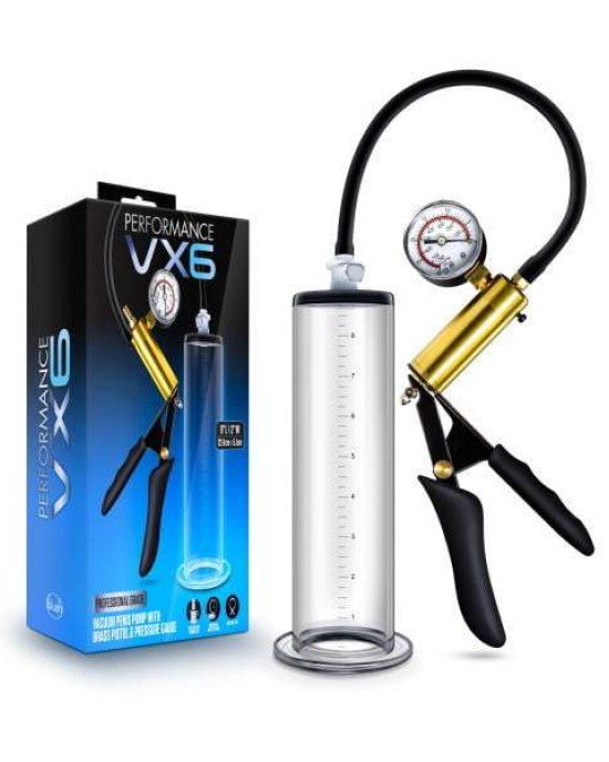 Performance VX6 Vacuum Penis Pump - Clear Penis Pump with Brass Pistol & Gauge