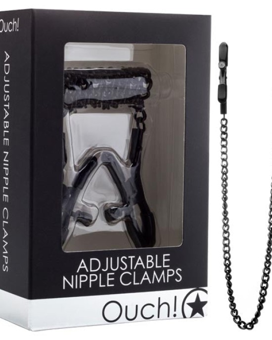 Ouch Adjustable Nipple Clamps - Black Nipple Restraints with Chain