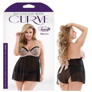 Curve Serena Halter Tie Skin/Black Babydoll with Moulded Cups & Panty - 3X/4X