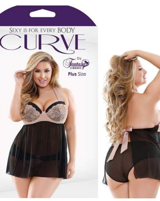 Curve Serena Halter Tie Skin/Black Babydoll with Moulded Cups & Panty - 3X/4X