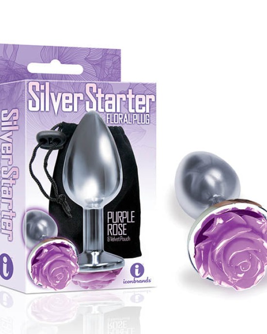 The 9's The Silver Starter Butt Plug with Purple Rose Bottom