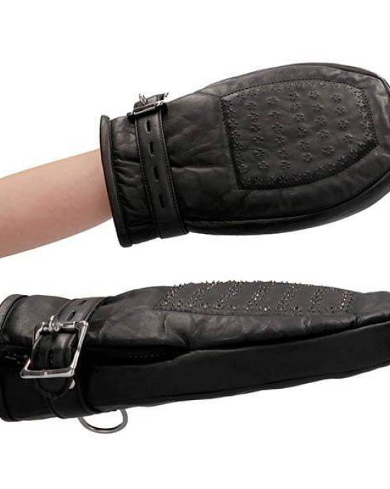 Ouch! Pain Bondage Black Leather Mittens with Metal Teeth