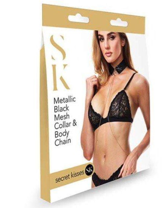 Secret Kisses Metallic Black Mesh Collar & Body Chain