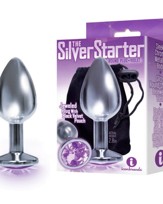 The Silver Starter - Silver 2.8 Inch Butt Plug with Violet Round Jewel