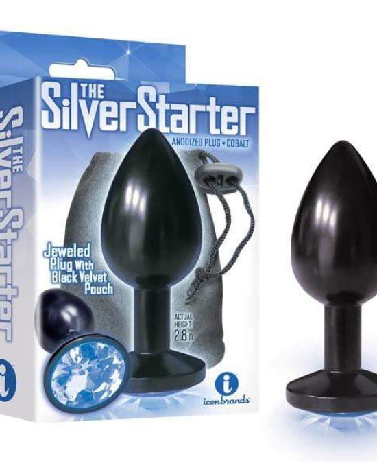 The Silver Starter Anodised Black 2.8 Inch Butt Plug with Cobalt Round Jewel