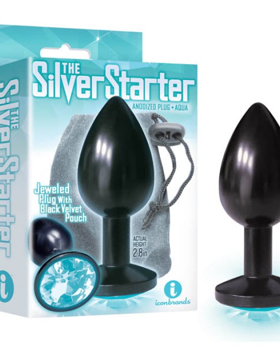 The Silver Starter Anodised Black 2.8 Inch Butt Plug with Aqua Round Jewel