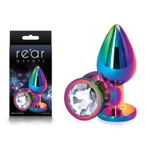 Rear Assets Multi Coloured Medium -Metal Butt Plug with Clear Gem Base