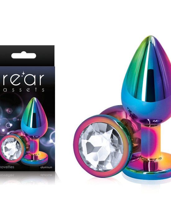 Rear Assets Multi Coloured Medium -Metal Butt Plug with Clear Gem Base