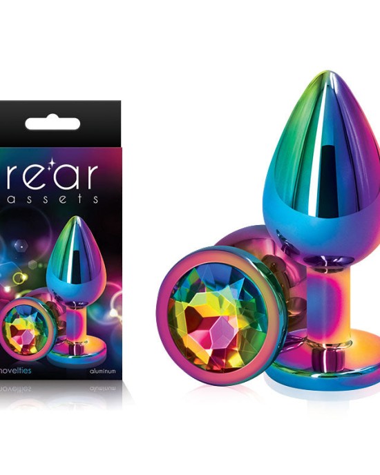 Rear Assets Multi Coloured Medium -Metal Butt Plug with Rainbow Gem Base