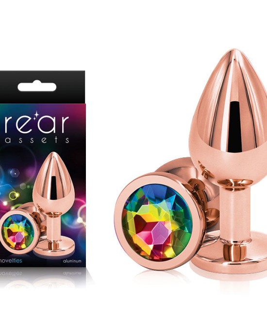 Rear Assets Rose Gold Medium - Metal Butt Plug with Rainbow Gem Base