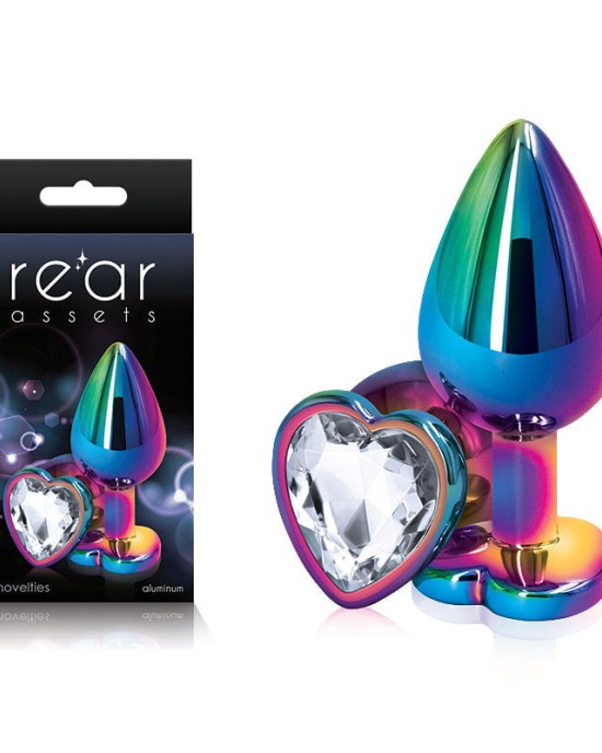 Rear Assets Multi Coloured Heart -Metal Butt Plug with Clear Heart Gem Base