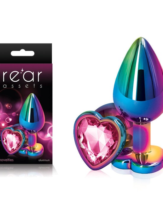 Rear Assets Multi Coloured Heart -Metal Butt Plug with Pink Heart Gem Base