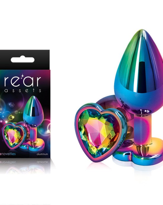 Rear Assets Multi Coloured Heart -Metal Butt Plug with Rainbow Heart Gem Base