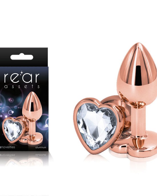 Rear Assets Rose Gold Heart Small -Metal Butt Plug with Clear Heart Gem Base