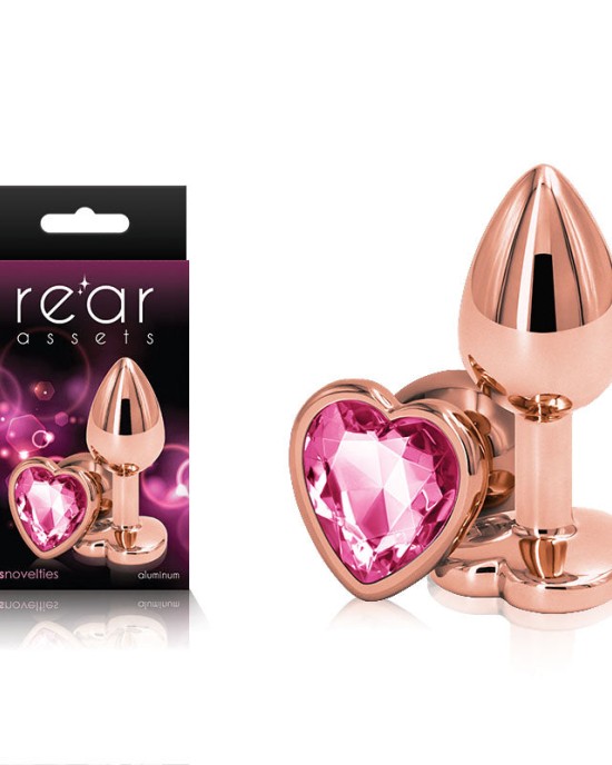 Rear Assets Rose Gold Heart Small -Metal Butt Plug with Pink Heart Gem Base