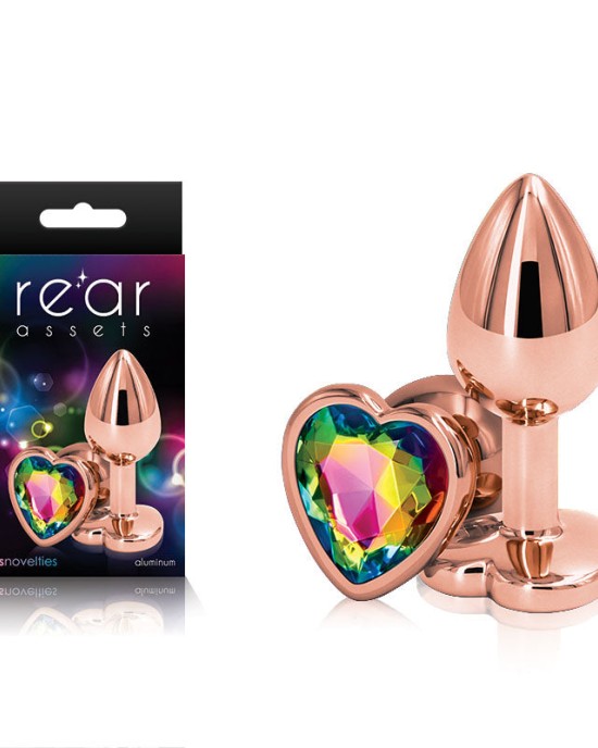 Rear Assets Rose Gold Heart Small -Metal Butt Plug with Rainbow Heart Gem Base