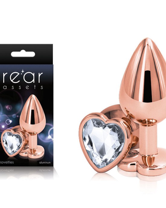 Rear Assets Rose Gold Heart Medium -Metal Butt Plug with Clear Heart Gem Base