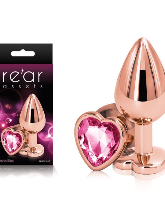 Rear Assets Rose Gold Heart Medium -Metal Butt Plug with Pink Heart Gem Base