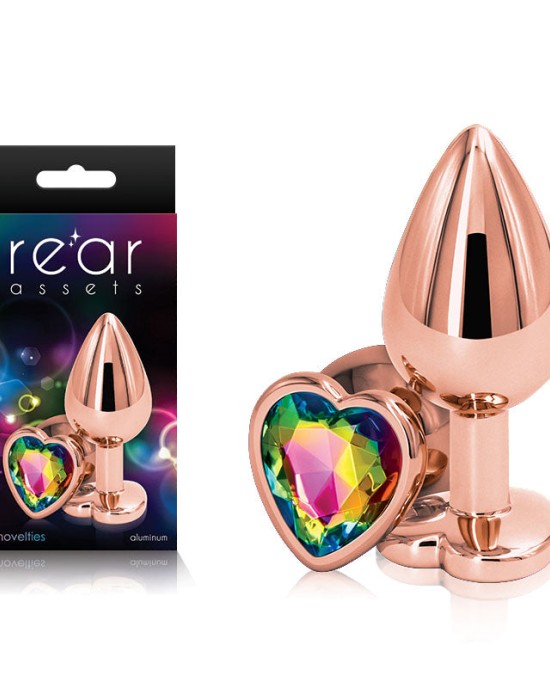 Rear Assets Rose Gold Heart Medium -Metal Butt Plug with Rainbow Heart Gem Base