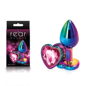 Rear Assets Multi Coloured Heart - Metal Butt Plug with Pink Heart Gem Base