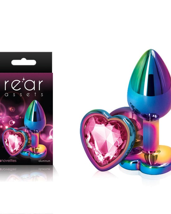 Rear Assets Multi Coloured Heart - Metal Butt Plug with Pink Heart Gem Base