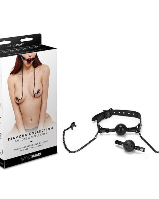 WhipSmart Diamond Ball Gag & Nipple Clips - Black