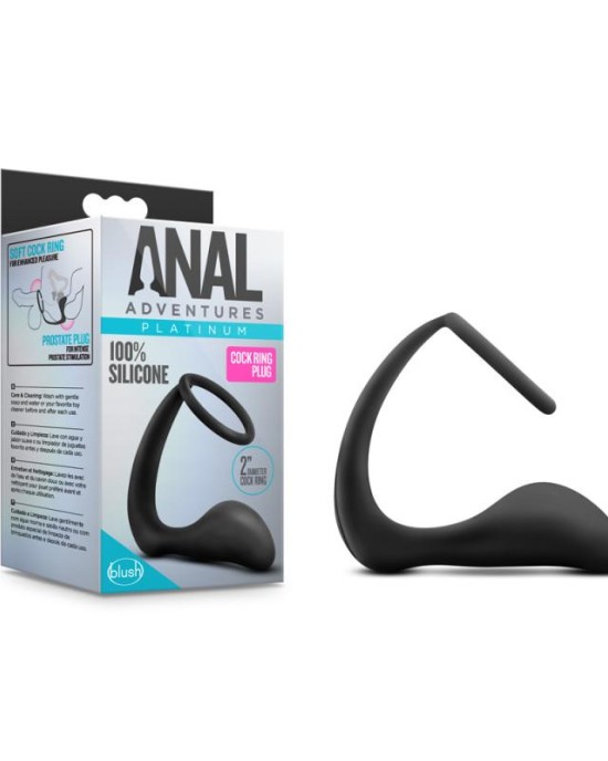 Anal Adventures Platinum Black Cock Ring Plug