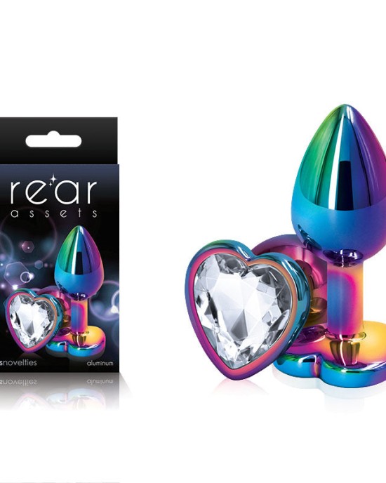 Rear Assets Multi Coloured Small Metal Butt Plug with Clear Heart Gem Base