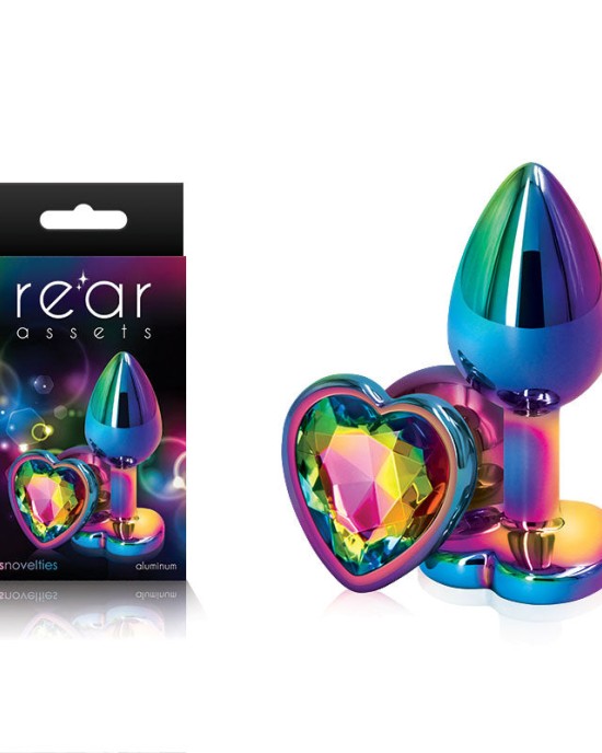 Rear Assets Multi Coloured Heart - Small Metal Butt Plug with Rainbow Heart Gem Base