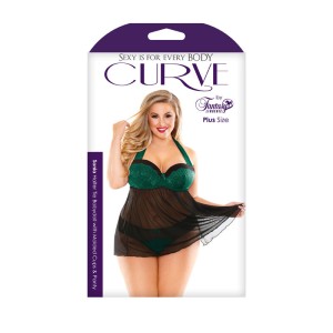 Curve Sonia Halter Tie Babydoll & Panty - Green/Black - 1X/2X