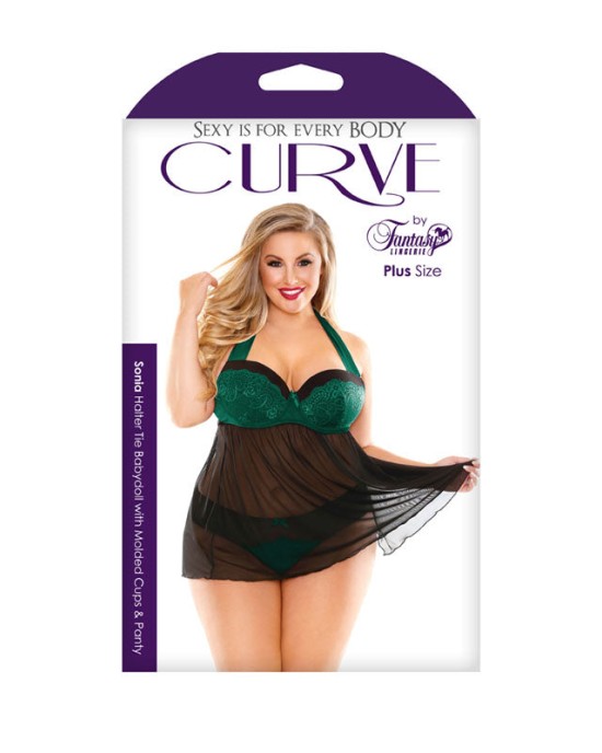 Curve Sonia Halter Tie Babydoll & Panty - Green/Black - 1X/2X