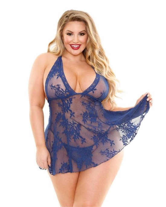 Curve Livie Lace Dress & G-String - Blue - 1X/2X