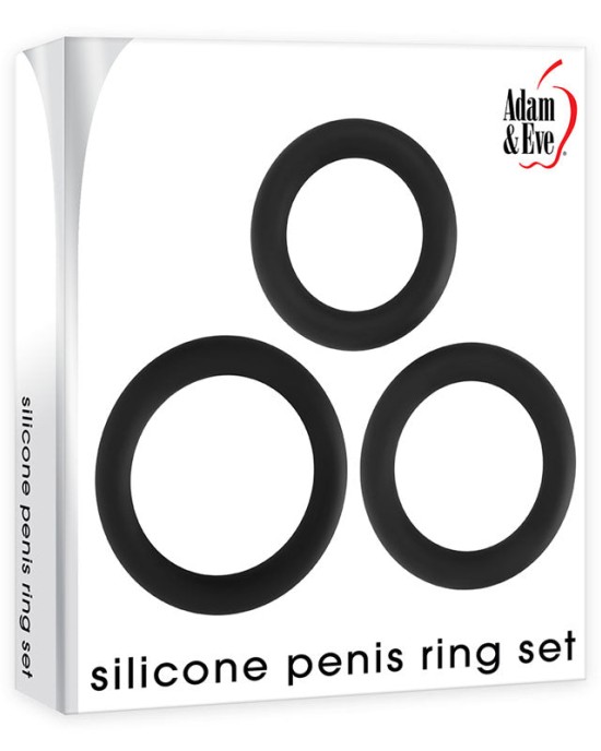 Adam & Eve Silicone Penis Cock Ring Set - Black - Set of 3 Sizes