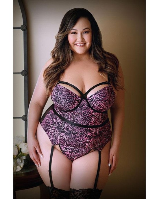 Curve Vivianne Snake Print Bustier & Panty - Pink/Black - 1X/2X Size