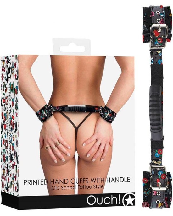 Ouch! Printed Handcuffs with Handle - Old School Tattoo Style Restraints