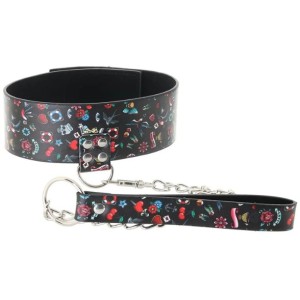 OUCH! Printed Collar With Leash - Old School Tattoo Style