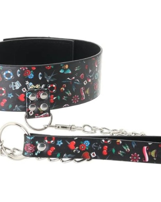 OUCH! Printed Collar With Leash - Old School Tattoo Style