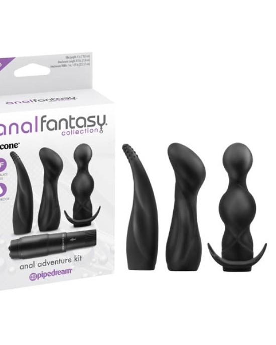 Anal Fantasy Collection Anal Adventure Kit - Black Vibrator with 3 Anal Sleeves